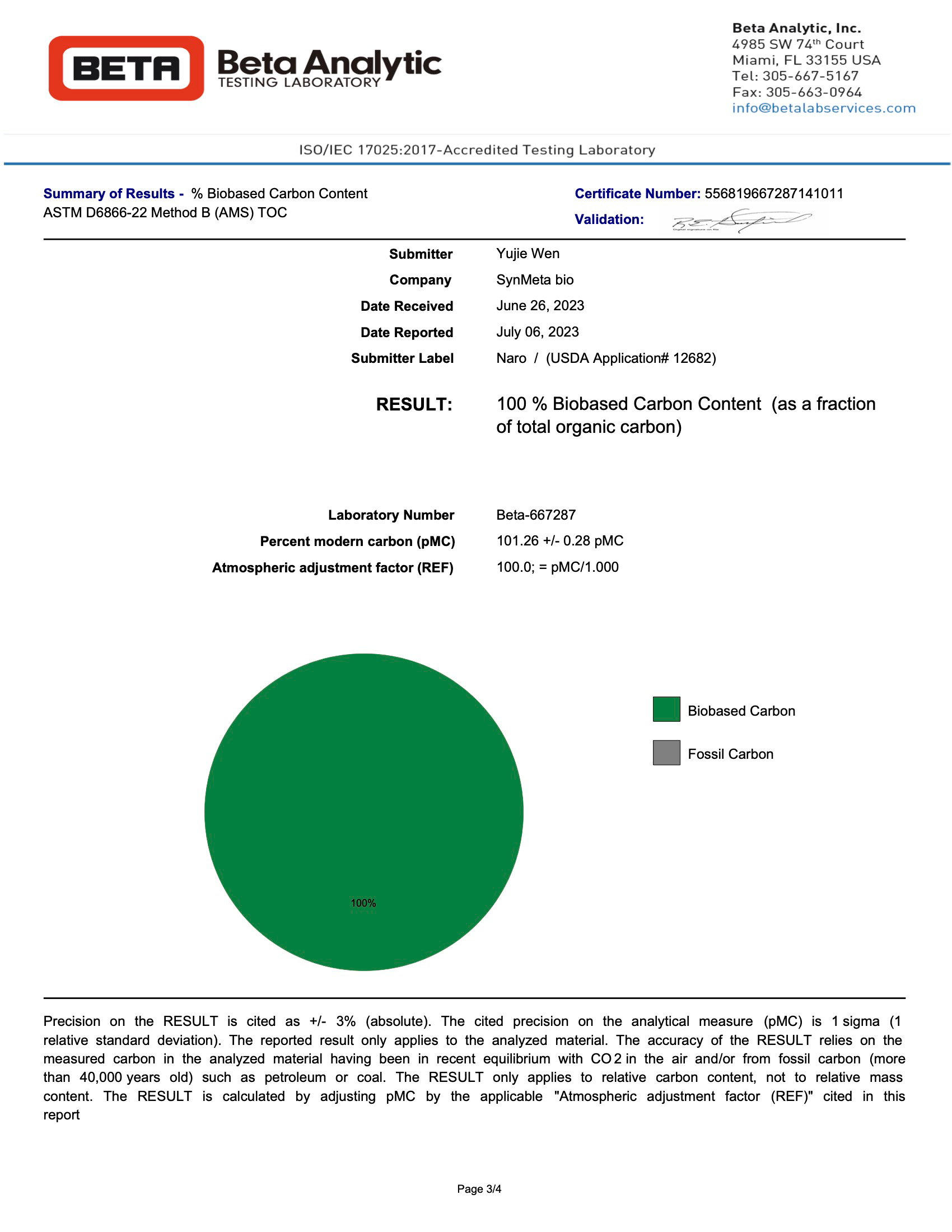 Beta Analytic biobased carbon content report