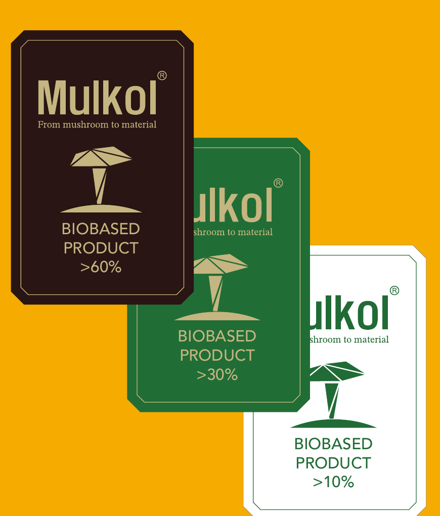 Mulkol black, green and white biobased-content labels arranged in the graded staircase shown in the design PDF